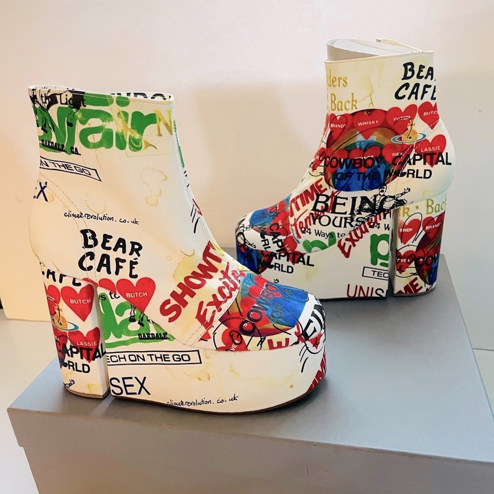 Vivienne Westwood BRAND NEW MEANINGLESS PRINT towering heels Slogan print IT37 - Picture 16 of 17